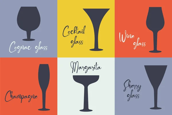 Set Moderner Farbkarten Mit Gläsern Für Alkoholgetränke Cocktailgläser Und Text — Stockvektor