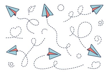 Kağıt uçak ikonu seti. Çizgi yönünde elle çizilmiş kağıt uçak. Mesaj konsepti gönderiliyor. İş ikonu. İniş sayfası için vektör düz illüstrasyon, sosyal ağ işletmesi başlangıcı, web