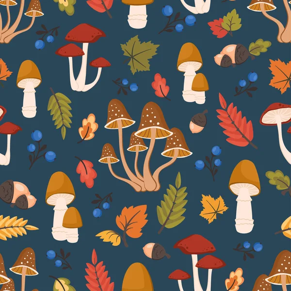 Autumn Seamless Pattern Nature Background Forest Mushrooms Fall Leaves Berries — Stock Vector