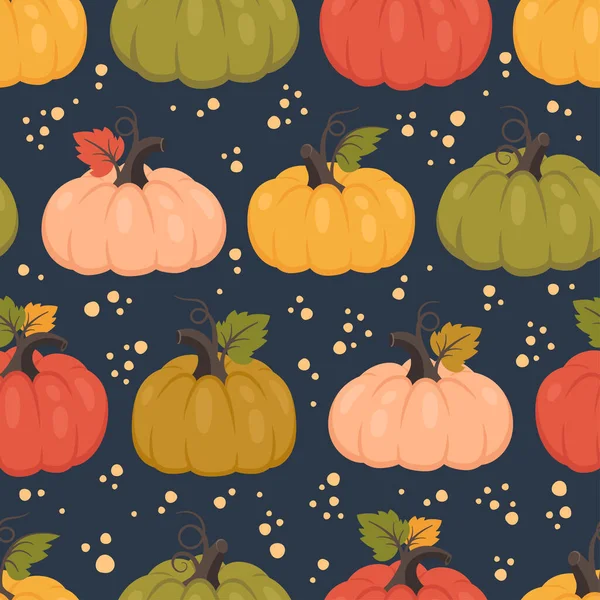 パンプキンシームレスパターン 異なる色の秋の背景 熟したカボチャ 感謝祭の日 季節の収穫について 包装紙のためのベクトルイラスト — ストックベクタ