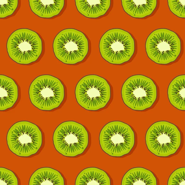 キウイフルーツのパターン オレンジの背景にトレンディな明るいデザインのエキゾチックな果物 新鮮なジューシーな緑のハワイの果物 ウェブ アプリ ノートブック ケース 包装紙のベクトルイラスト — ストックベクタ