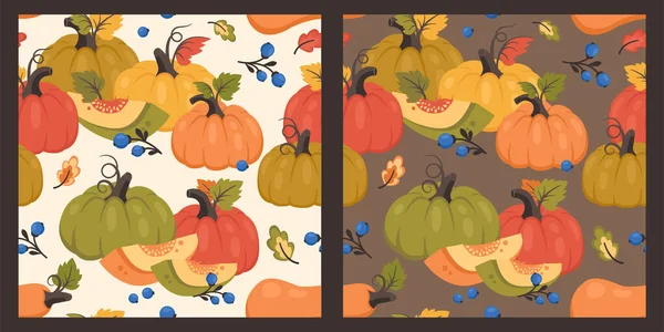 秋のシームレスなパターン カボチャ全体と半分 ベリーの秋の背景のセット 感謝祭の日 季節の収穫について 包むペーパー 印刷物のためのベクトルのイラスト — ストックベクタ