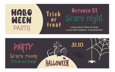 Mutlu Cadılar Bayramı. Yatay ilan seti, poster, renkli metin ile davet. Karikatür çizilmiş ay, yarasa silueti, örümcek, ürkütücü mezarlık. Ölülerin sonbahar tatili. Vektör illüstrasyonu