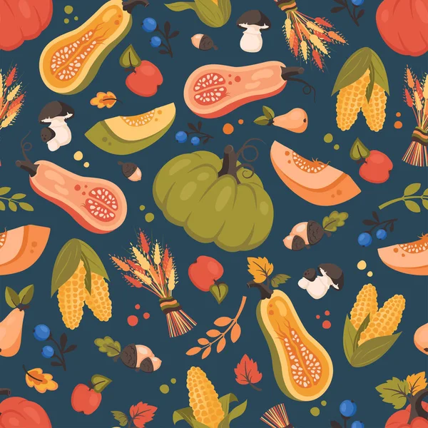 秋のシームレスなパターン カボチャ ベリー キノコで落ちる背景 感謝祭の日 季節の収穫について ウェブ ノート 包むペーパーのためのベクトルのイラスト — ストックベクタ