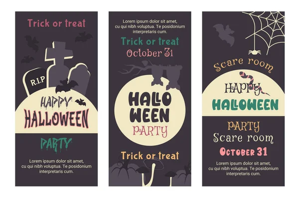 Frohes Halloween Flyer Plakat Einladung Handgezeichnete Elemente Mond Fledermaussilhouette Spinne — Stockvektor