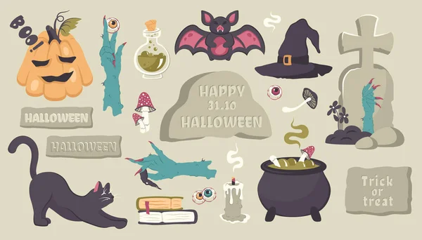 Halloween Set Mit Handgezeichneten Niedlichen Gruseligen Figuren Und Kritzelelementen Cartoon — Stockvektor