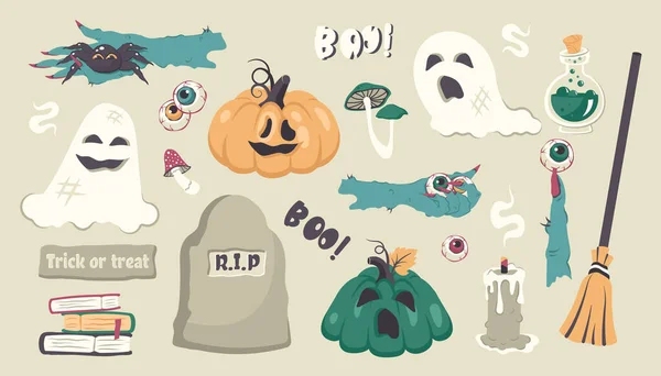 Buon Halloween Set Caratteri Disegnati Mano Spettrali Elementi Isolati Zucca — Vettoriale Stock