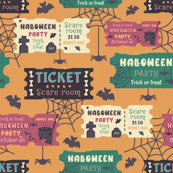 Naadloos Halloween Patroon Herhaalde Patroon Oranje Achtergrond Met Ticket Silhouet — Stockvector