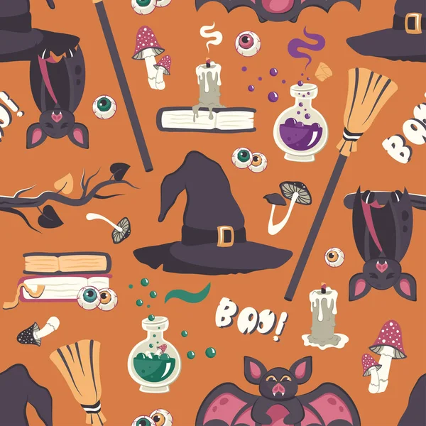 Naadloos Halloween Patroon Herhaaldelijk Patroon Oranje Achtergrond Met Heksenhand Knuppel — Stockvector