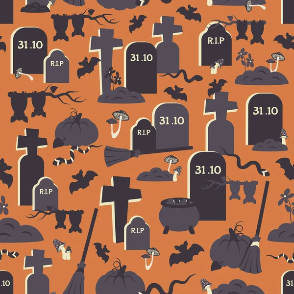 Halloween Naadloos Patroon Spookachtige Griezelige Begraafplaats Doodle Hand Getekend Silhouet — Stockvector