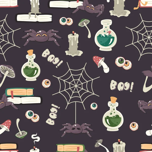 Šťastný Halloween Bezproblémový Vzor Ručně Kreslenou Knihou Kouzel Pavoukem Kouzelným — Stockový vektor