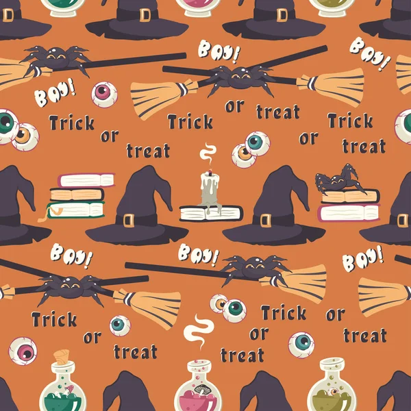 Frohes Halloween Nahtlose Muster Mit Handgezeichnetem Zauberbuch Spinne Zaubertrank Hexenhut — Stockvektor
