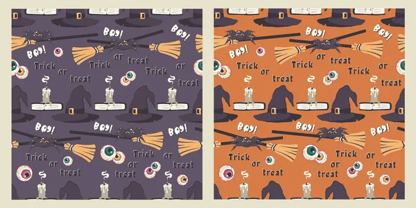Fijne Halloween Set Naadloze Patronen Met Handgetekend Magisch Boek Spin — Stockvector