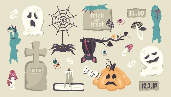Set Icone Halloween Caratteri Elementi Spettrali Scarabocchiati Disegnati Mano Isolati — Vettoriale Stock