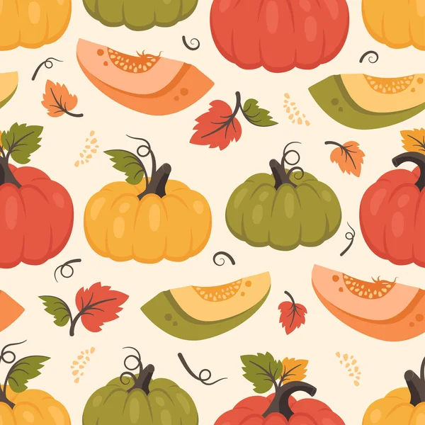 Pumpkin Seamless Pattern Autumn Background Whole Pumpkin Half Leaves Seeds — Stock Vector