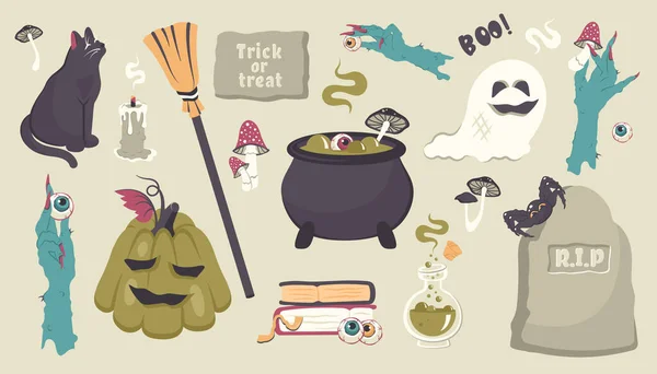 Feliz Halloween Conjunto Personajes Dibujados Mano Espeluznantes Elementos Aislados Calabaza — Archivo Imágenes Vectoriales