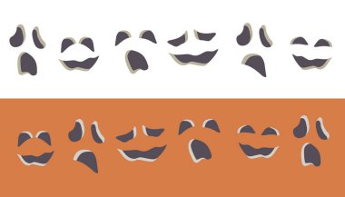 Beyaz ve turuncu arka planda el çizimi ürkütücü yüzler. Farklı duyguları ve yüz ifadeleri olan bir grup Cadılar Bayramı canavarı. Cadılar Bayramı partisi için vektör karikatür çizimi