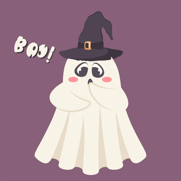 Dessin Animé Fantôme Effrayé Dans Chapeau Sorcier Halloween Personnage Drôle — Image vectorielle