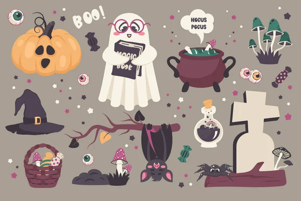 Set Elementi Bambini Halloween Disegnato Mano Doodle Carino Caratteri Raccapriccianti — Vettoriale Stock