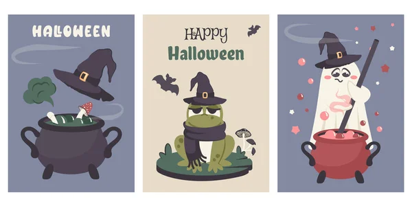Ensemble Cartes Vœux Joyeuse Fête Halloween Doodle Dessiné Main Fantôme — Image vectorielle