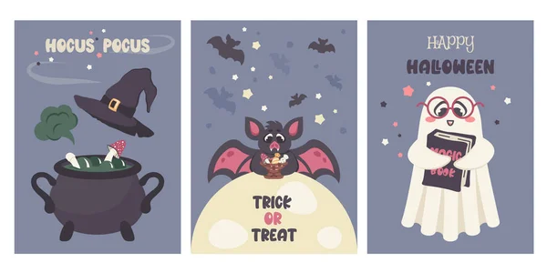 Dolciumi Halloween Zucca Fantasma Ragno Pipistrello Rana Cappello Mago Mantello — Vettoriale Stock