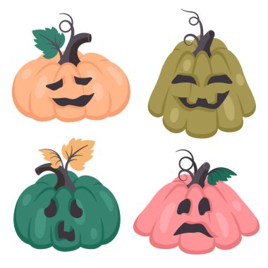 Cadılar Bayramı balkabağı seti. Farklı duyguları olan el çizimi ürkütücü karakterler. Farklı yüz ifadeleri olan korkunç canavarlar. Cadılar Bayramı partisi için vektör karikatür çizimi, tatil