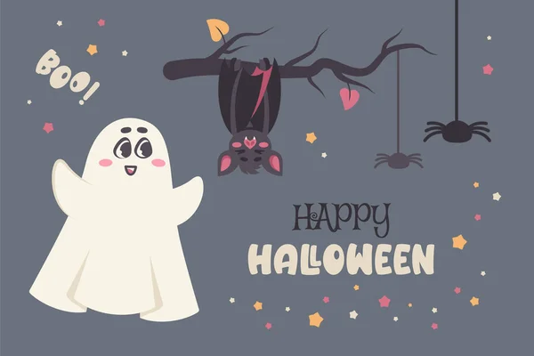 Mutlu Cadılar Bayramı Dikey Davetiye Kart Poster Çizgi Film Karakterleri — Stok Vektör