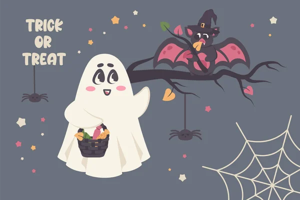 Szczęśliwego Halloween Ręcznie Rysowane Bazgroły Cute Duch Zabawny Nietoperz Kapeluszu — Wektor stockowy