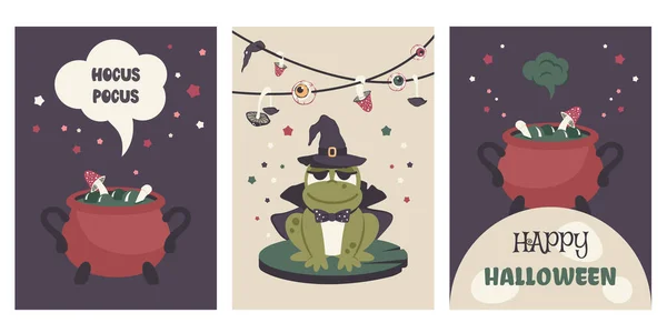 Gelukkige Halloween Posters Wenskaarten Voor Halloween Leuke Kikker Met Tovenaarshoed — Stockvector
