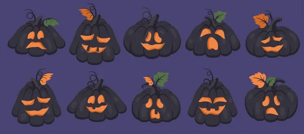 Halloweenpompoen Enge Handgetekende Personages Met Verschillende Emoties Gezichten Zwarte Boze — Stockvector