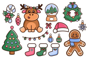 Yeni yıl ikonları. Renkli Noel ikonu. Çizgi film Doodle tatil unsurları. Işıklı şirin ren geyiği, Noel Baba şapkası, Noel çorabı, şenlik ağacı, Noel çanları çalan çelenk, şeker kamışı. Vektör