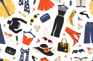 Moda kıyafetleri kusursuz. Şık kadın kıyafetleri, aksesuarlar. Botlar, elbise, atkı, pantolon, bluz, ceket. Duvar kağıtları, tekstil, baskı, reklam, galeri, mağazalar için vektör illüstrasyonu
