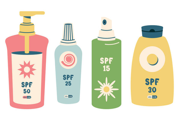 Sunscreen bottles isolated on white background. Set of various Sunscreen lotions, creams, spray in plastic packaging. Beach items for summer relaxing. Summer elements for healthy safe tanning. Vector