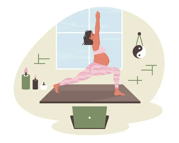 Yoga Casa Mujer Embarazada Haciendo Yoga Portátil Entrenador Yoga Línea Ilustración De Stock
