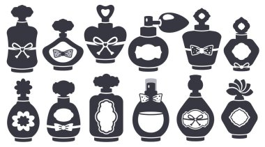 İzole edilmiş parfüm şişeleri. Aroma özü farklı cam paketlerde. Parfüm silueti. Zarif şekil, etiket, kurdele. Logo için el yapımı tasarım, kozmetik endüstrisi. Vektör