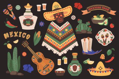 Meksika kültürünün farklı karikatür unsurları. Meksika yemeği, şapka, kafatası, gitar, mutfak. El çizimi çıkartmalar seti. Dekorasyon partisi, karnaval, tatil sembolleri. Vektör illüstrasyonu