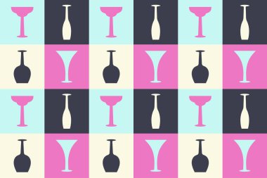 Şarap kadehleri kusursuz desen. Gelecekçi modacı minimalist tasarım. Alkol siluetleri, içkiler, kokteyller, şarap. Duvar kağıtları, tekstil, baskı, restorant, şaraphane, parti için vektör illüstrasyonu