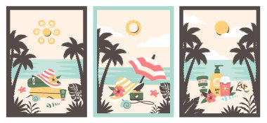 Yaz plajı. Yaz manzaralı retro posterler. Tropik plaj, güneş şapkası, şemsiye, kamera, bavullar, güneş kremi şişeleri. Vektör çizgi film düz illüstrasyon