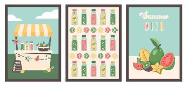 Yazlık posterler. Limonata standı. Yaz geçmişleri. Taze egzotik meyveler. Çeşitli aromalı turunçgiller. Limonata şişeli limonata kamyonu. Parti ve tatil için vektör illüstrasyonu