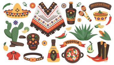 Meksika seti. Meksika kültürünün çizgi film unsurları. Geleneksel yemek, şapka, kafatası, gitar, mutfak. El çizimi karalama çıkartmaları. Dekorasyon partisi, karnaval, tatil için vektör illüstrasyonu, Cinco de Mayo