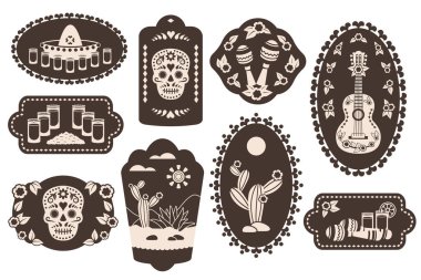 Tekila çıkartması seti. Meksika ulusal unsurlarına sahip dikey oval vintage etiketler. Tekila shot 'ı. Marakas, gitar, kafatası, gözlük, kaktüs, şapka. Restoran, menü, bar için vektör illüstrasyonu