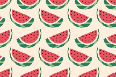 Karpuz dikişsiz desen. Beyaz arka planda Tatlı Taze Karpuz 'un yarısı. Olgun kavun dilimleri. Sağlıklı vejetaryen organik yiyecekler. Duvar kağıdı, tekstil, baskı, ambalaj için vektör illüstrasyonu