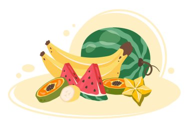 Kabuklu tropik meyveler, yarısı dilimlenmiş. Meyve hasadı. Taze tatlı egzotik muz, karpuz, papaya, karambola. Klitorise uygun. Doğal organik sağlıklı yiyecekler. Vektör düz resimleme