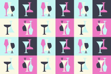 Modern Gözlük kusursuz desen. Gelecekçi modacı minimalist tasarım. Cam kadehler. Pembe, mavi, siyah şarap kadehleri, alkol içecekler, kokteyller, şarap, şampanya. Vektör illüstrasyonu