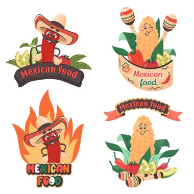 Kırmızı biber şapkalı, sebzeli ve renkli metinli. Marakas gülen mısırlar. Şirin çizgi karakterler. Meksika yemeği. İş birliği konsepti. Doodle el çizimi vektör illüstrasyonu