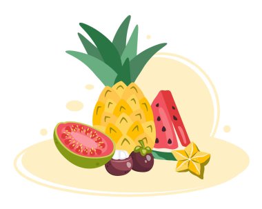 Beyaz arka planda egzotik meyveler. Taze tatlı tropikal meyveler. Taze organik sağlıklı yiyecekler. Meyveli tatlı. Olgun vitamin doğal diyeti. Ananas, guava, karpuz, karambola. Vektör düz resimleme 
