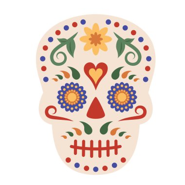 Beyaz arka planda izole edilmiş bir Meksika kafatası. Dia de los muertos. Renkli çiçekli şeker kafatası ikonu, ulusal süs. Dekorasyon için geleneksel şenlik öğesi Meksika partisi, bayram, ölüler günü. Vektör illüstrasyonu