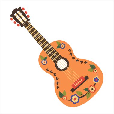 Gitar beyaz arka planda izole edilmiş. Meksika geleneksel enstrümanı. Ulusal müzik elementi renkli çiçeklerle ve Meksika süsüyle çiziyor. Parti için vektör illüstrasyonu, bayram, bayram afişi, poster
