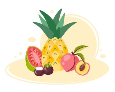 Tropik meyve tasarımı. El yapımı meyveler. Tatlı organik sağlıklı yiyecekler. Meyveli tatlı. Olgun vitamin doğal diyeti. Ananas, guava, karpuz, şeftali. Vektör düz çizgi film illüstrasyonu 