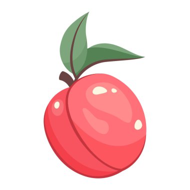 Olgun şeftali, beyaz arka planda izole. Meyve çıkartması. Tam pembe şeftali, yakından yapraklı. Taze meyveli üst manzara. Doğal yiyecekler. Sağlıklı yaşam tarzı için vektör çizimi, iyi beslenme